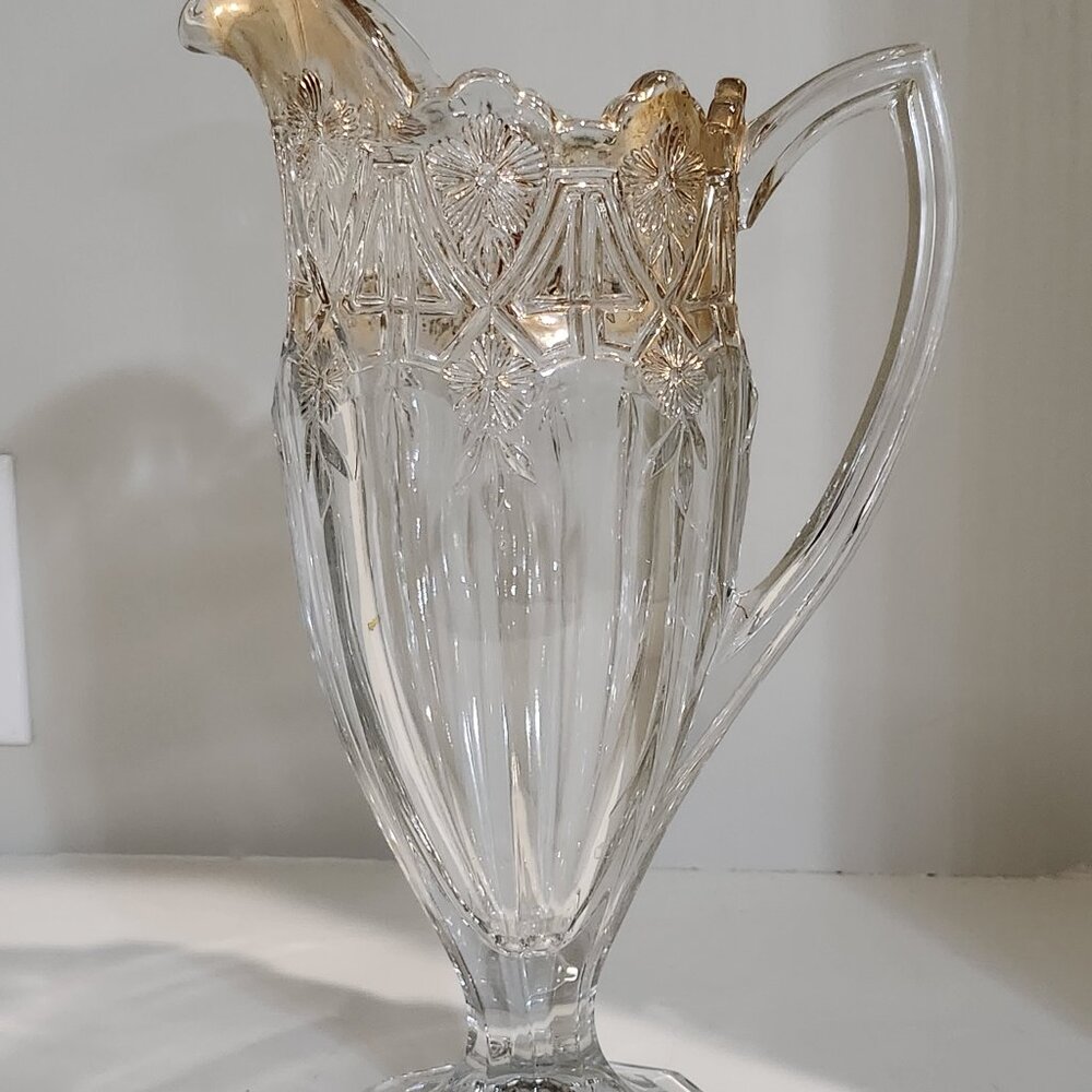 U.S. Glass Co. "Athenia" EAPG 12" Pitcher With Gold Trim